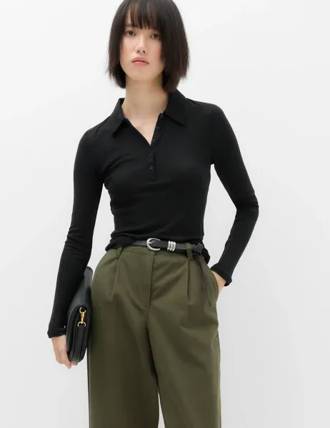 Marks & Spencer Wool Touch Layering Slim Collared Polo Shirt Black