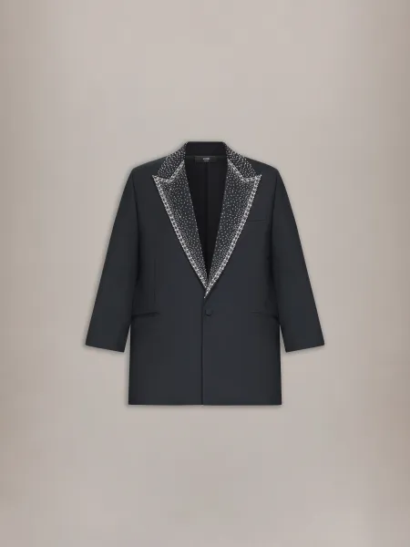 EMBELLISHED LAPEL SINGLE-BREASTED BLAZER - BLACK