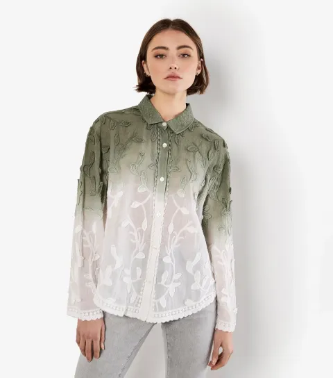Women's Khaki Gradient Effect Floral Embroidered Shirt