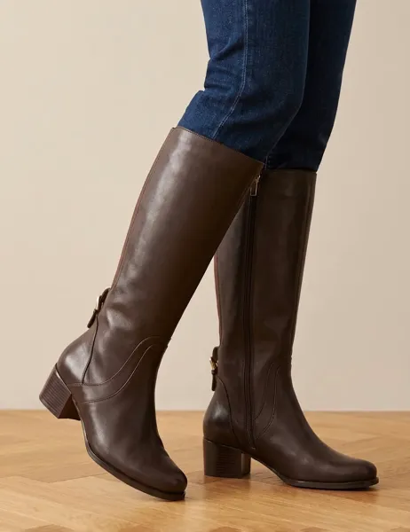 Jones Bootmaker Dancer Leather Block Heel Calf-Length Boots Dark Brown