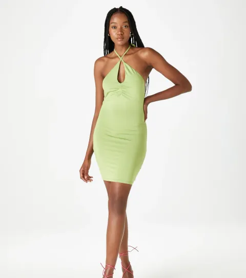 Women's Light Green Key Hole Halter Neck Mini Dress