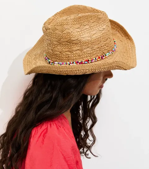 Tan Beaded Straw Western Hat