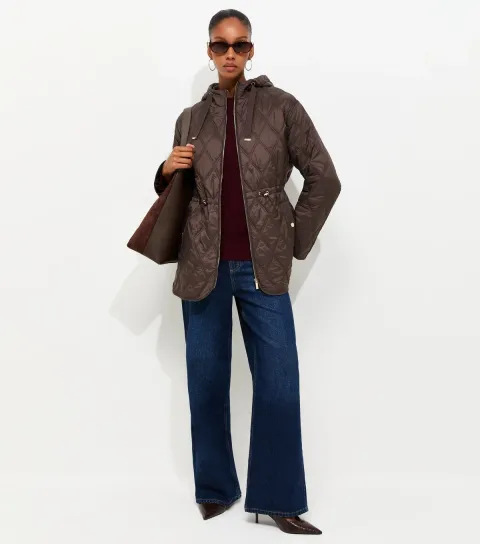 New Look Women's Dark Brown Quilted Cinched Waist Hooded Jacket