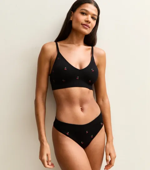 Women's Black Ribbed Embroidered Cherry Thong