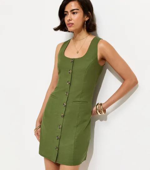 Women's Dark Khaki Cotton Button Through Mini Dress