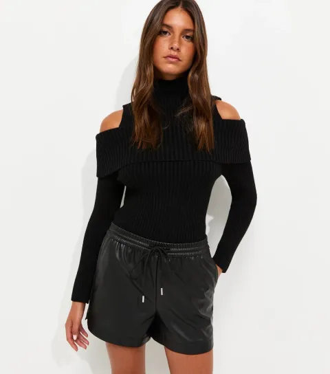 New Look Women's Black Faux Leather Drawstring Tie Shorts