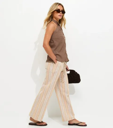 Women's Petite Brown Cotton Rich Striped Wide Leg Trousers