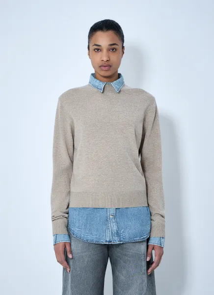 Layered Knit Sweater with Denim Shirt Detail