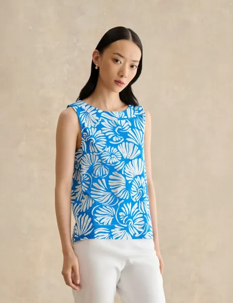 Hobbs Pure Cotton Fern Print Crew Neck Top Blue Mix
