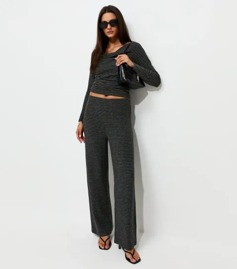 Women's Grey Soft Touch Striped Wide Leg Trousers