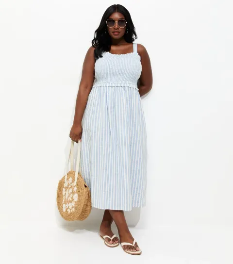 Women's Plus Size Blue Striped Shirred Midi Dress Curves