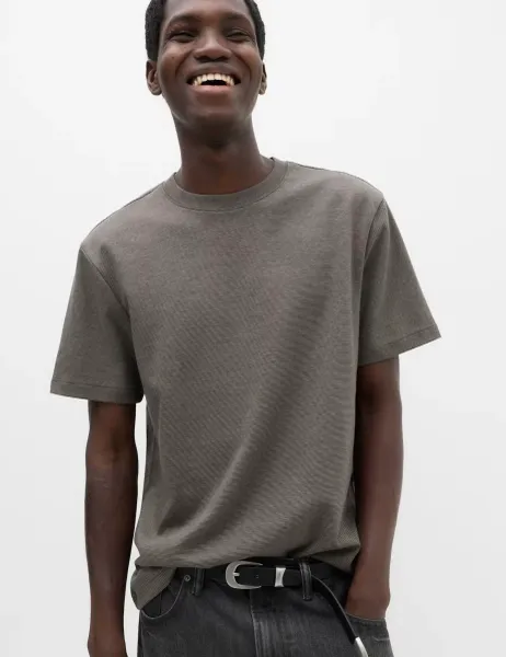 Marks & Spencer Relaxed Fit Cotton Rich Ultimate Performance Striped T-Shirt Charcoal Mix