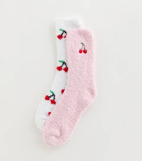 New Look Pack of 2 Pink and White Fluffy Embroidered And Patterned Cherry Ankle Socks