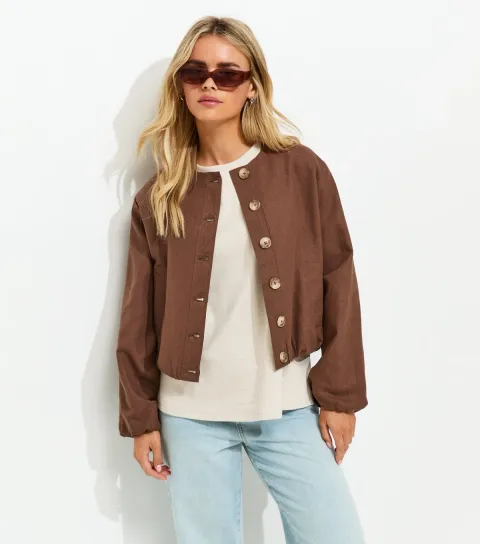 Women's Petite Dark Brown Linen Blend Button Through Bomber Jacket