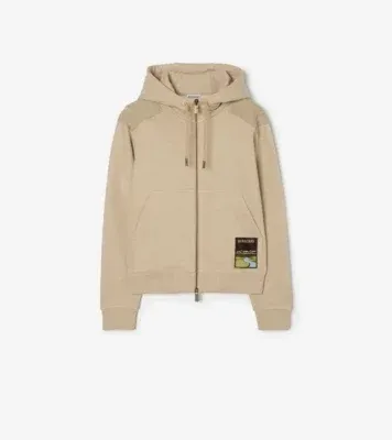 Landscape Label Cotton Zip Hoodie in Dune beige melange