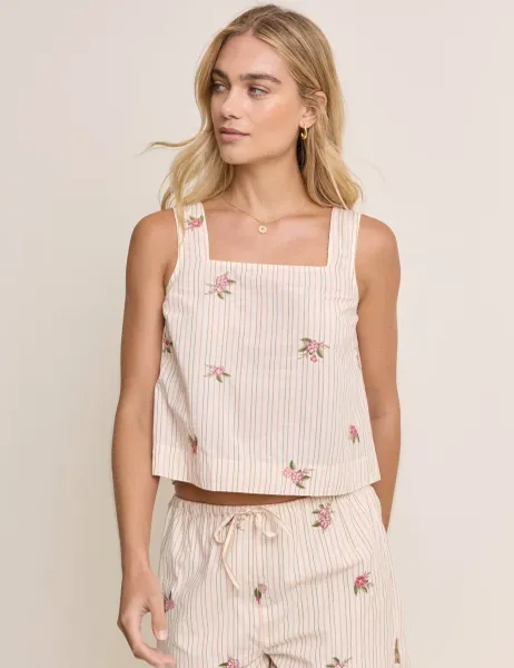 Nobody's Child X Elizabeth Scarlett Linen Rich Striped Floral Square Neck Vest Cream