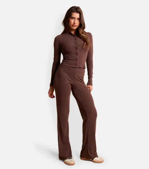 Public Desire Women's Dark Brown Ribbed Button Long Sleeve Top