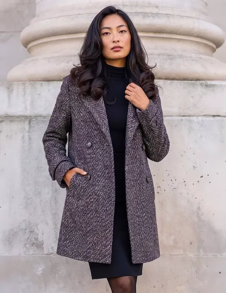 Roman Petite Double Breasted Funnel Neck Pea Coat Black
