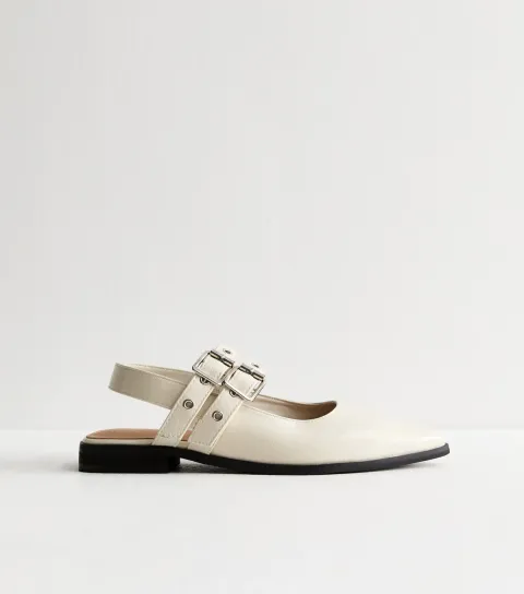 Women's Off White Faux Leather Eyelet Strap Mary Jane Flats Vegan