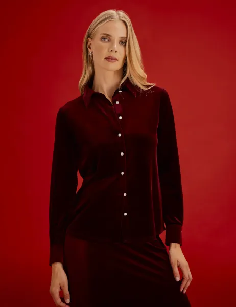 Finery London Velvet Collared Shirt Burgundy