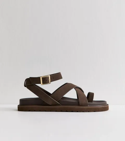 New Look Women's Brown Faux Suede Toe Loop Chunky Flat Sandals Vegan