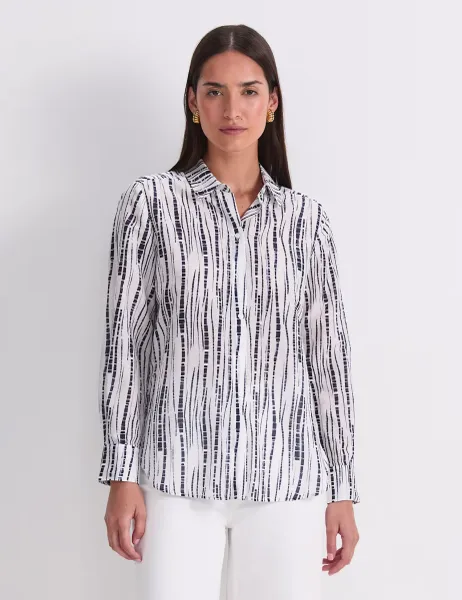 Sportscraft Cotton Silk Blend Geometric Collared Shirt Navy