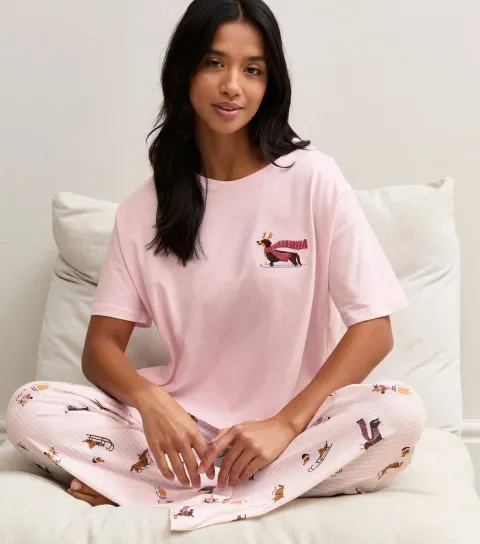 New Look Women's Petite Pink Cotton Sausage Dog Embroidered Short Sleeve Pyjama Set