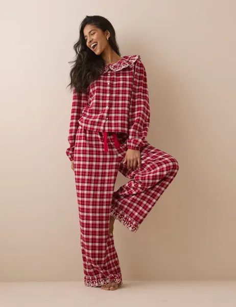 Nobody's Child Pure Cotton Brushed Checked Frill Pyjama Bottoms