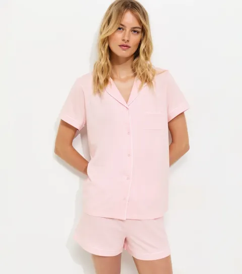 Women's Tall Light Pink Jersey Revere Collar Pyjama Shorts Set