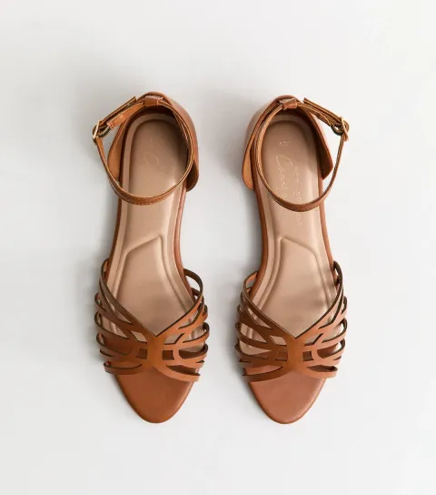Women's Tan Faux Leather Cut Out Strap Flat Sandals Vegan