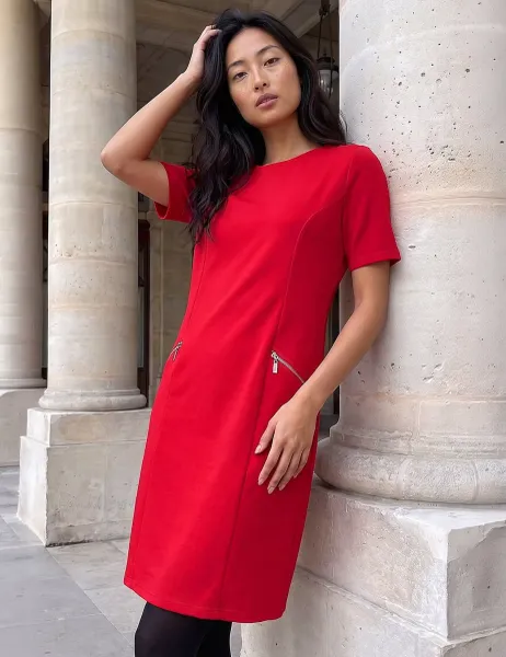 Roman Petite Zip Detail Knee Length Shift Dress Red