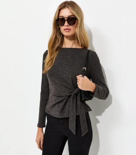 New Look Women's Tall Dark Grey Soft Touch Front Tie Long Sleeve Top