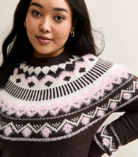 Women's Plus Size Brown Fluffy Fairisle Jumper Curves