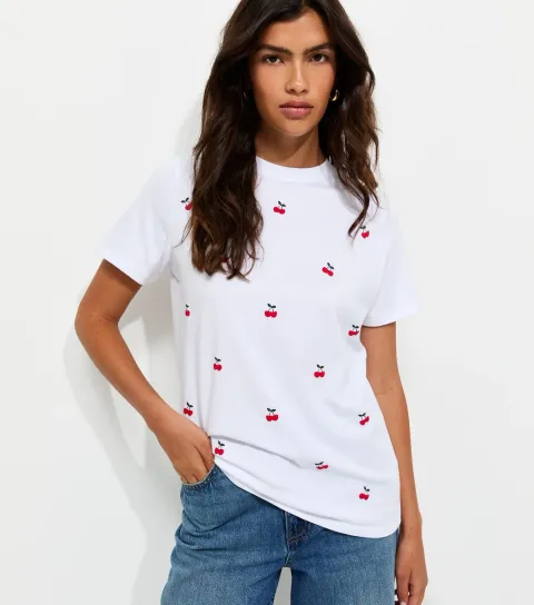 Women's White Cotton Cherry Print Crew Neck T-Shirt