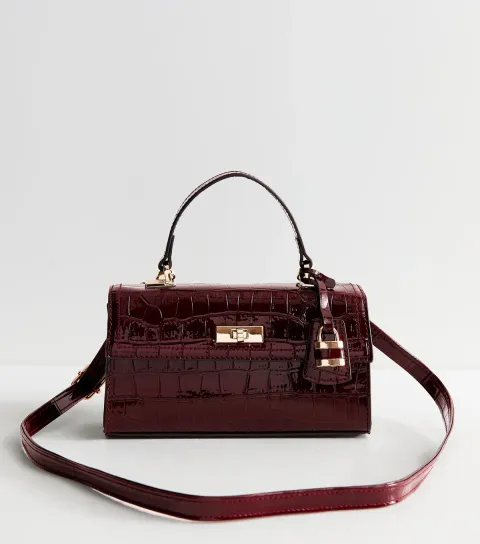 New Look Dark Burgundy Faux Leather Crocodile Embossed Twist Lock Crossbody Bag