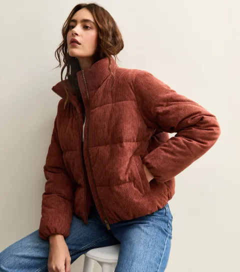 Women's Rust Corduroy Cropped Puffer Jacket
