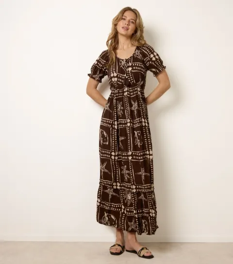 Women's Dark Brown Starfish Print Tie Front Maxi Dress