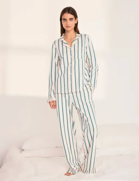 Chelsea Peers Cotton Rich Striped Ruffle Edge Pyjama Set Green