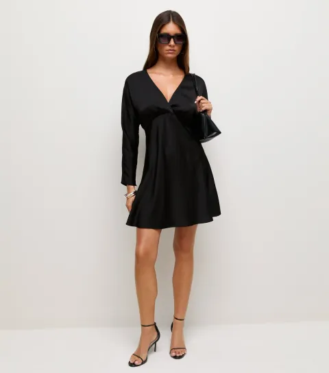 New Look Women's Black Satin V-Neck Mini Dress