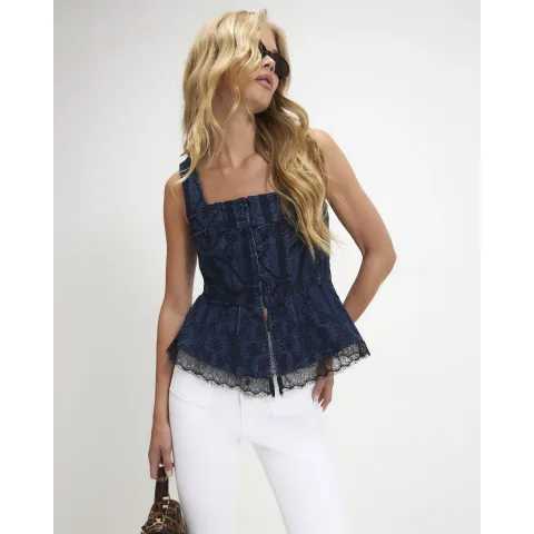 River Island Denim Embroidered Peplum Top