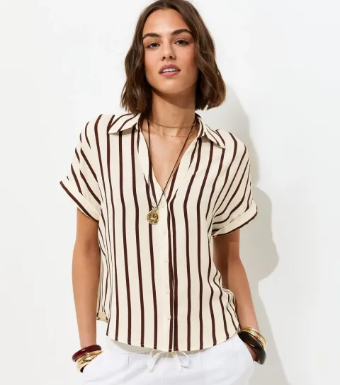 Women's Brown Striped Short Sleeve Shirt