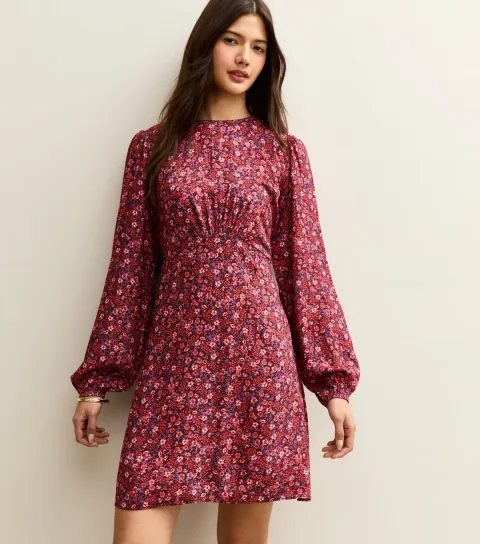 Women's Red Ditsy Floral Long Sleeve Mini Dress