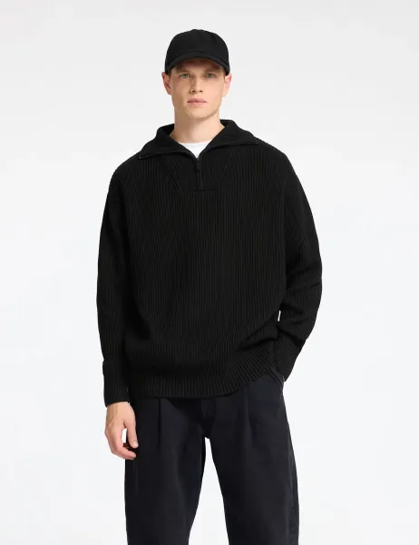 Selected Pure Cotton Ribbed Half Zip Jumper Black