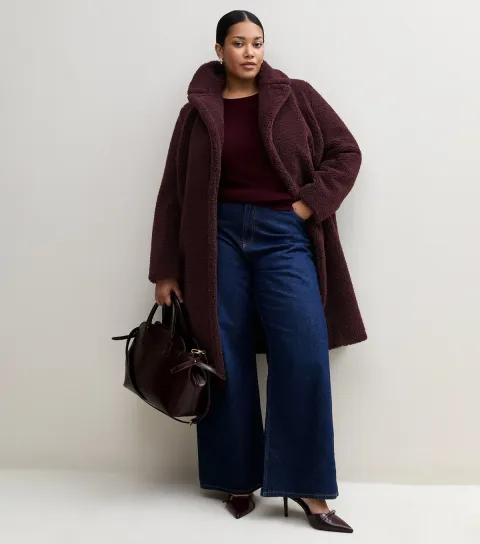 New Look Women's Plus Size Dark Burgundy Borg Texture Midi Coat Curves
