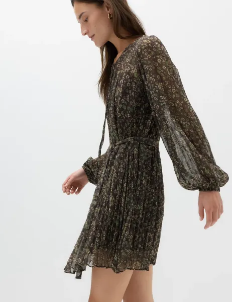 Marks & Spencer Floral Tie Neck Mini Waisted Dress Brown Mix