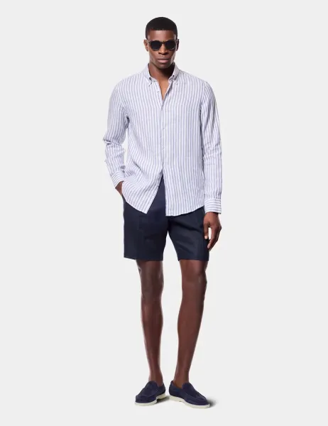 Hawes & Curtis Slim Fit Stripe Linen Shirt Navy Mix