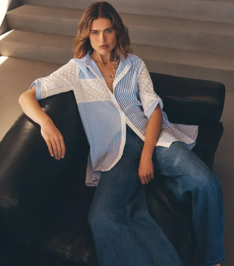Women's Blue Striped High Low Short Sleeve Shirt