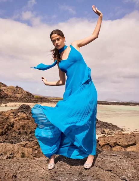 V-Neck Pleated Dropped Waist Maxi Dress Teal