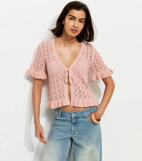 Women's Light Pink Front Tie Short Sleeve Crochet Cardigan