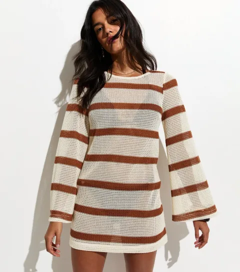 Women's Brown Striped Scoop Back Crochet Knit Kaftan
